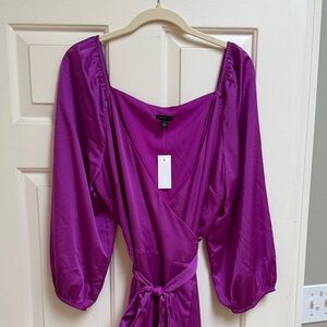 NWT Ann Taylor Fuchsia Magenta Satin Sweetheart Neck Wrap Dress Sz 12
